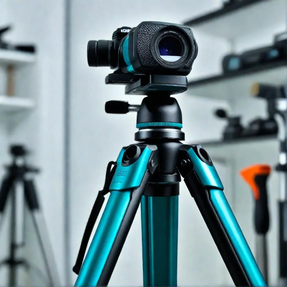 Close-up of a camera tripod and adjustable tripod head