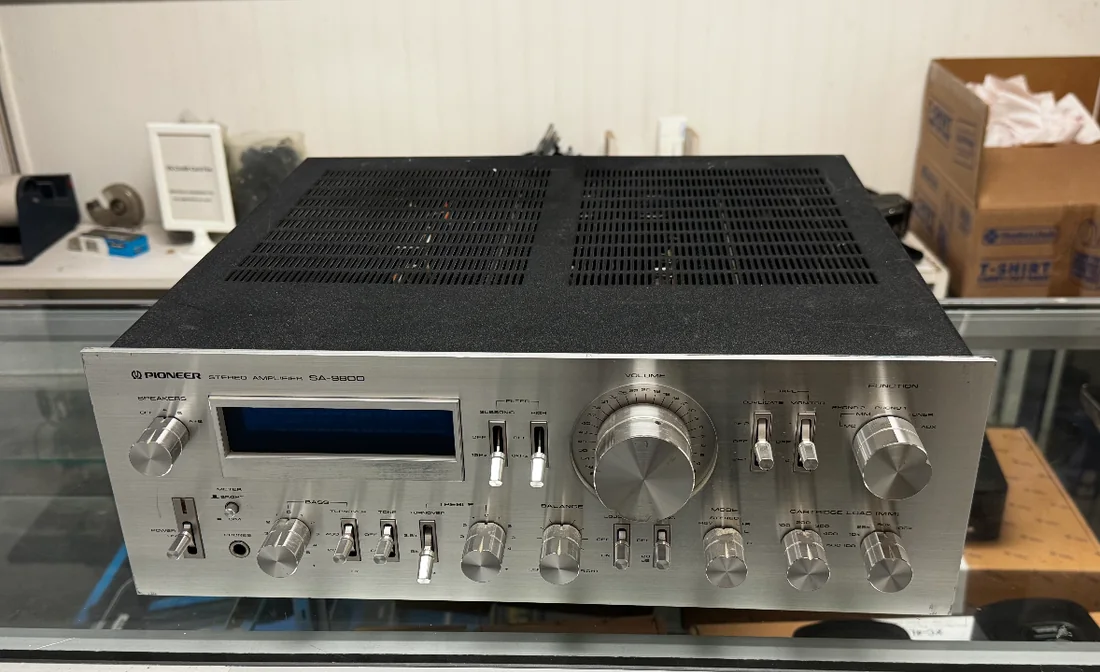 Pioneer SA-9800 stereo amplifier on the counter at AL-ART’s Lynbrook repair shop.