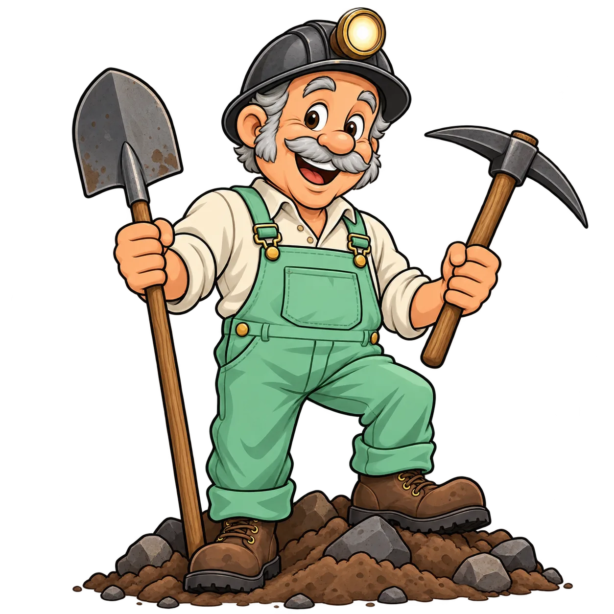 Cheerful cartoon miner holding a shovel and pickaxe